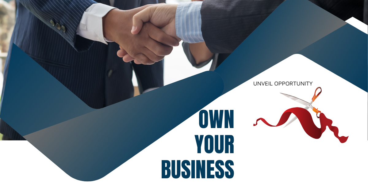 Handshake over blue geometric banner with text “OWN YOUR BUSINESS” and a red wave logo