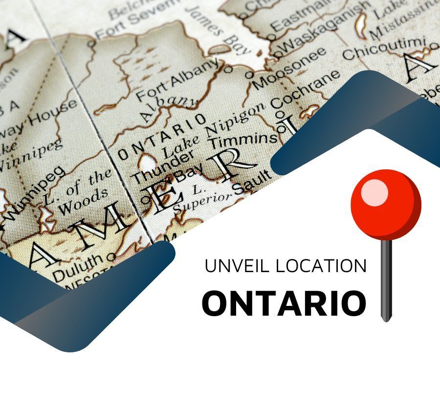 Ontario map with a red location pin and the words “Unveil Location Ontario”