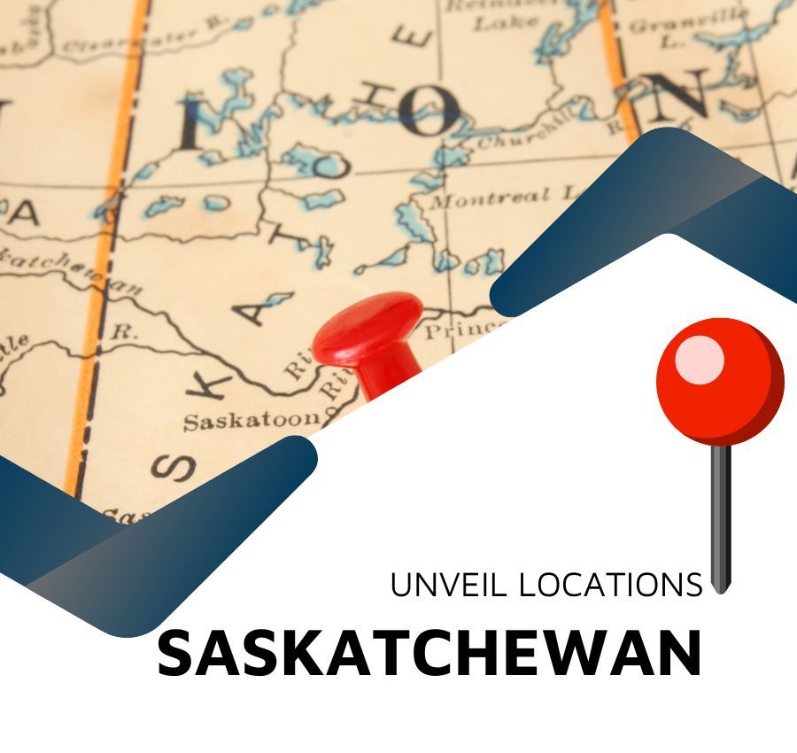 Map with red pin and “Unveil Locations Saskatchewan” text over a Saskatchewan map background