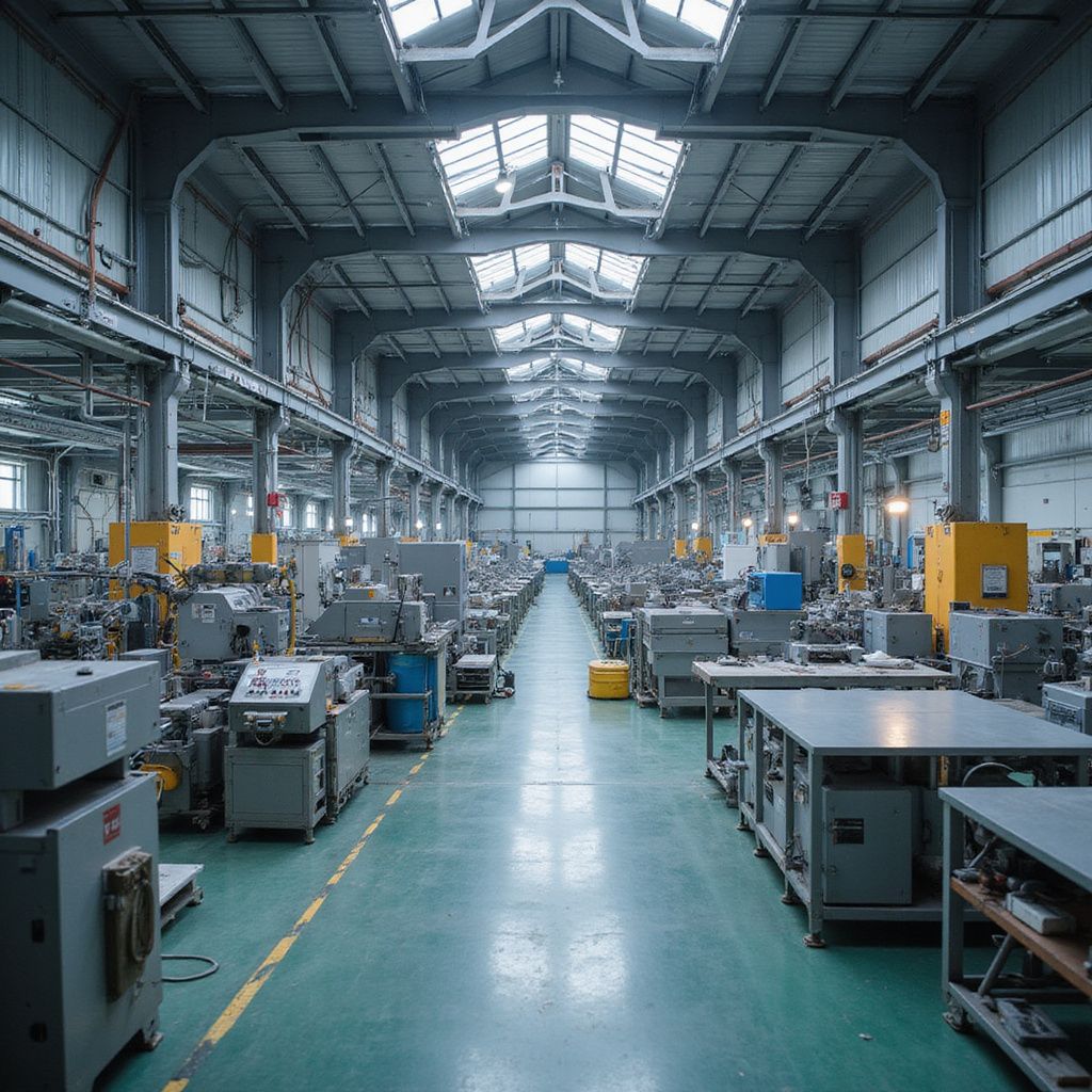 Wide industrial factory floor with machinery rows and a green central walkway under skylights