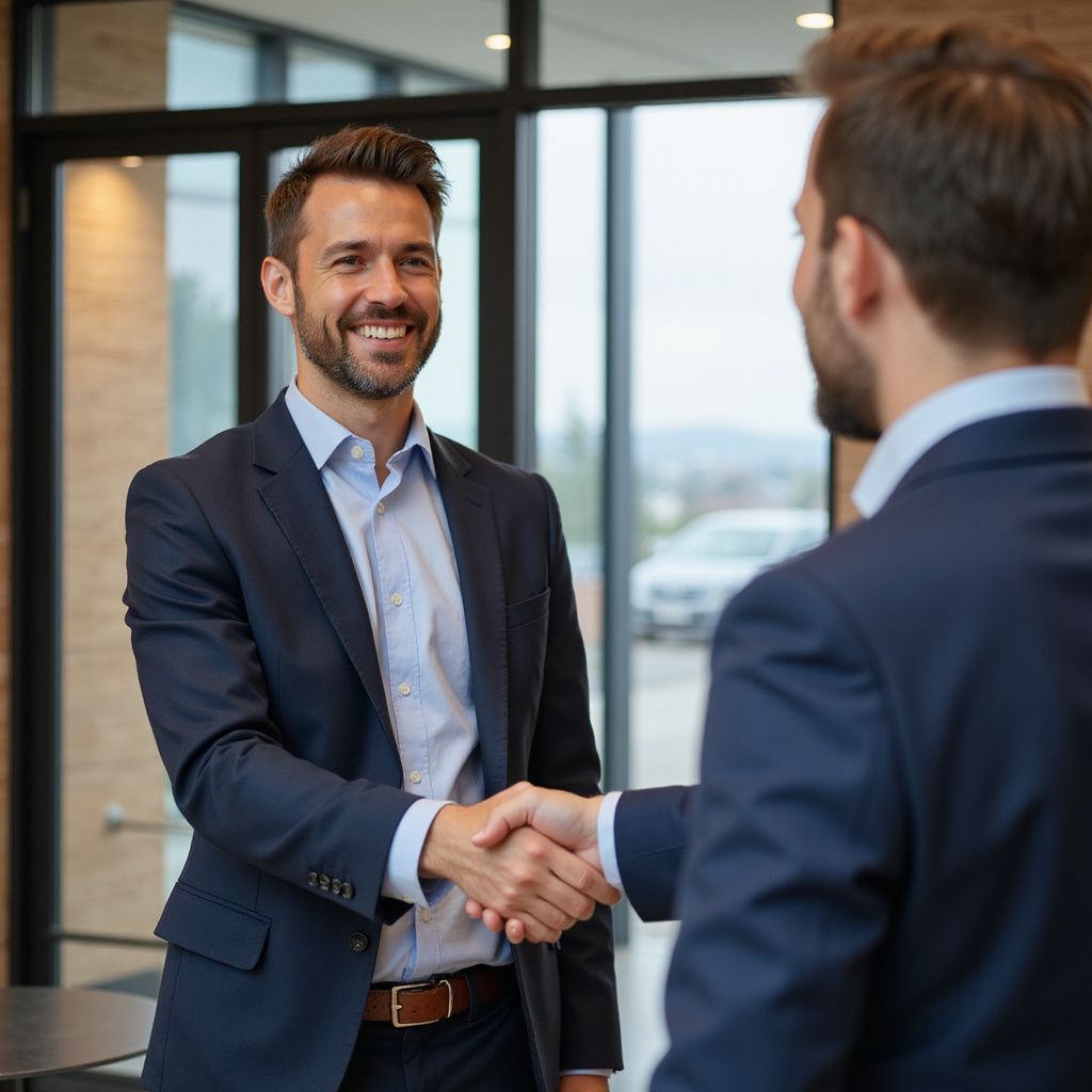 Two businessmen in suits shake hands outside a modern office building.