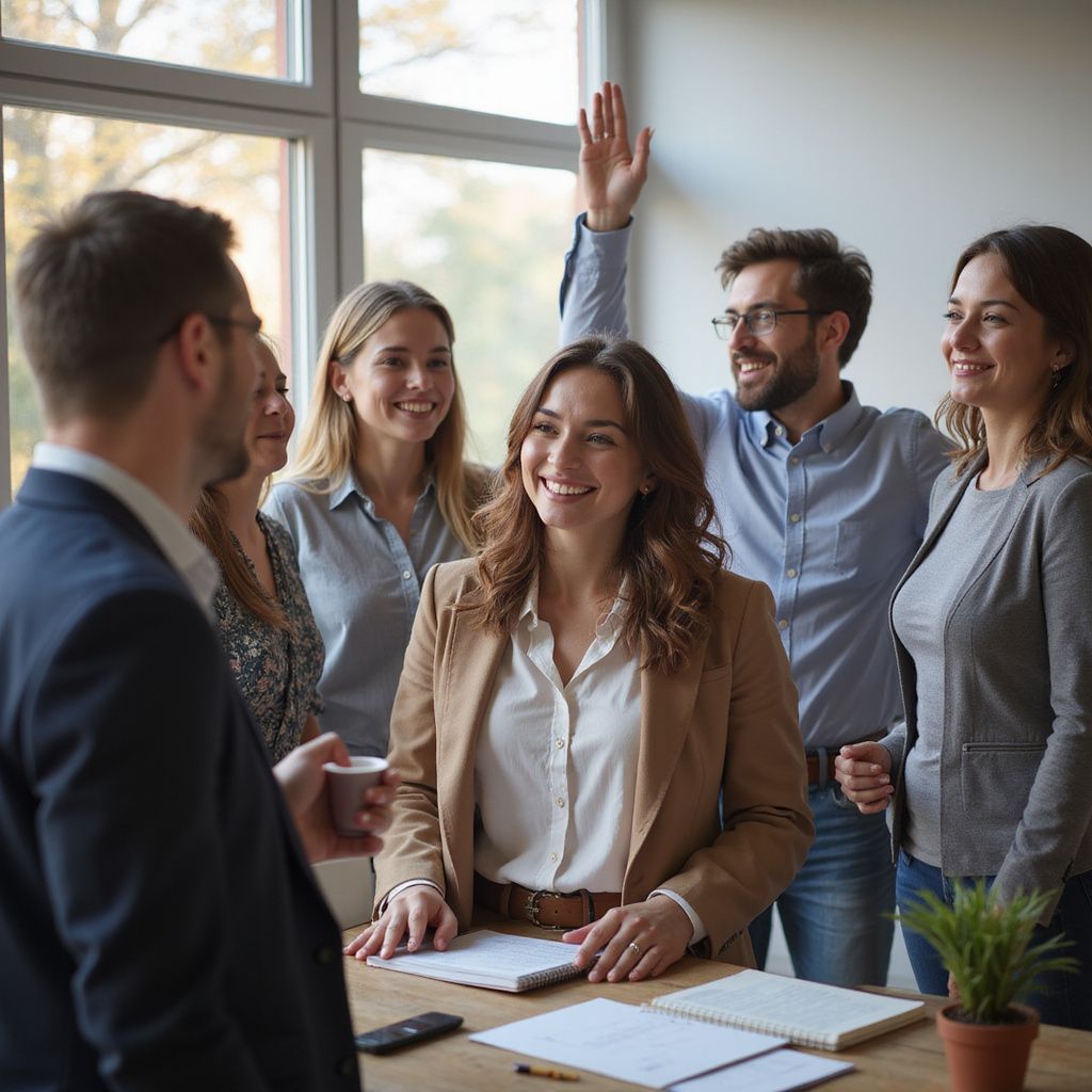 Team meeting in a bright office, with coworkers smiling and one person raising a hand.