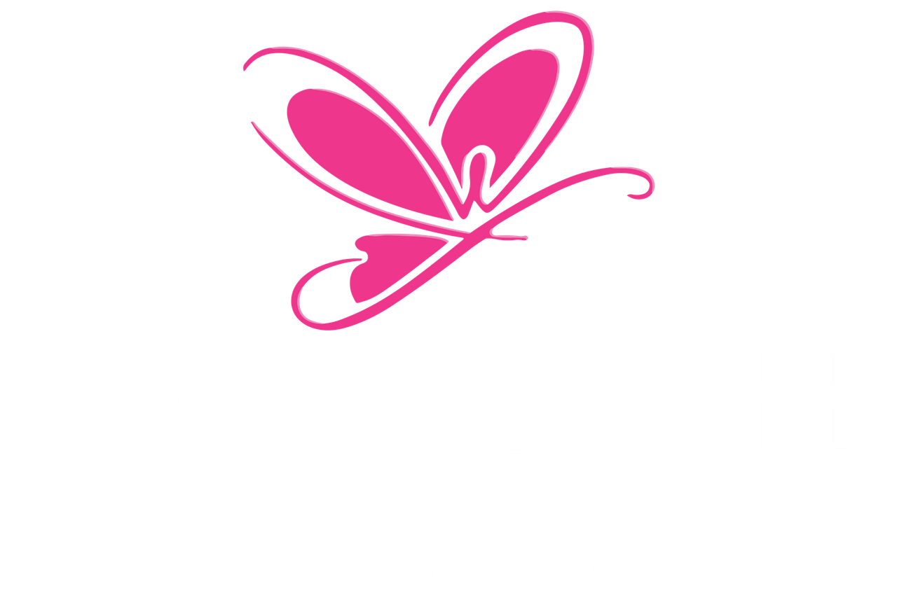 Pink butterfly-shaped logo with stylized wings and a curved tail.