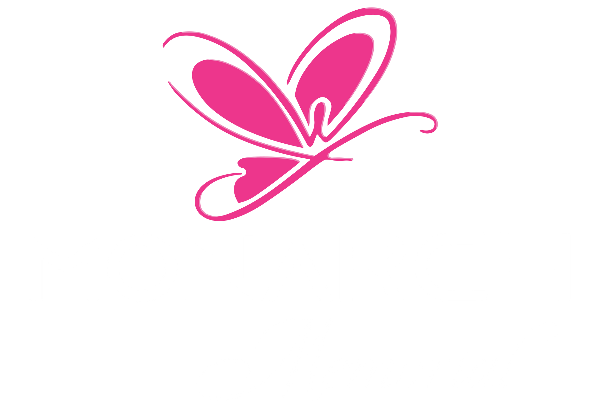Pink butterfly-shaped logo with stylized wings and a curved tail.