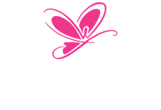 Pink butterfly-shaped logo with stylized wings and a curved tail.