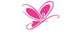 Pink butterfly-shaped logo with stylized wings and a curved tail.