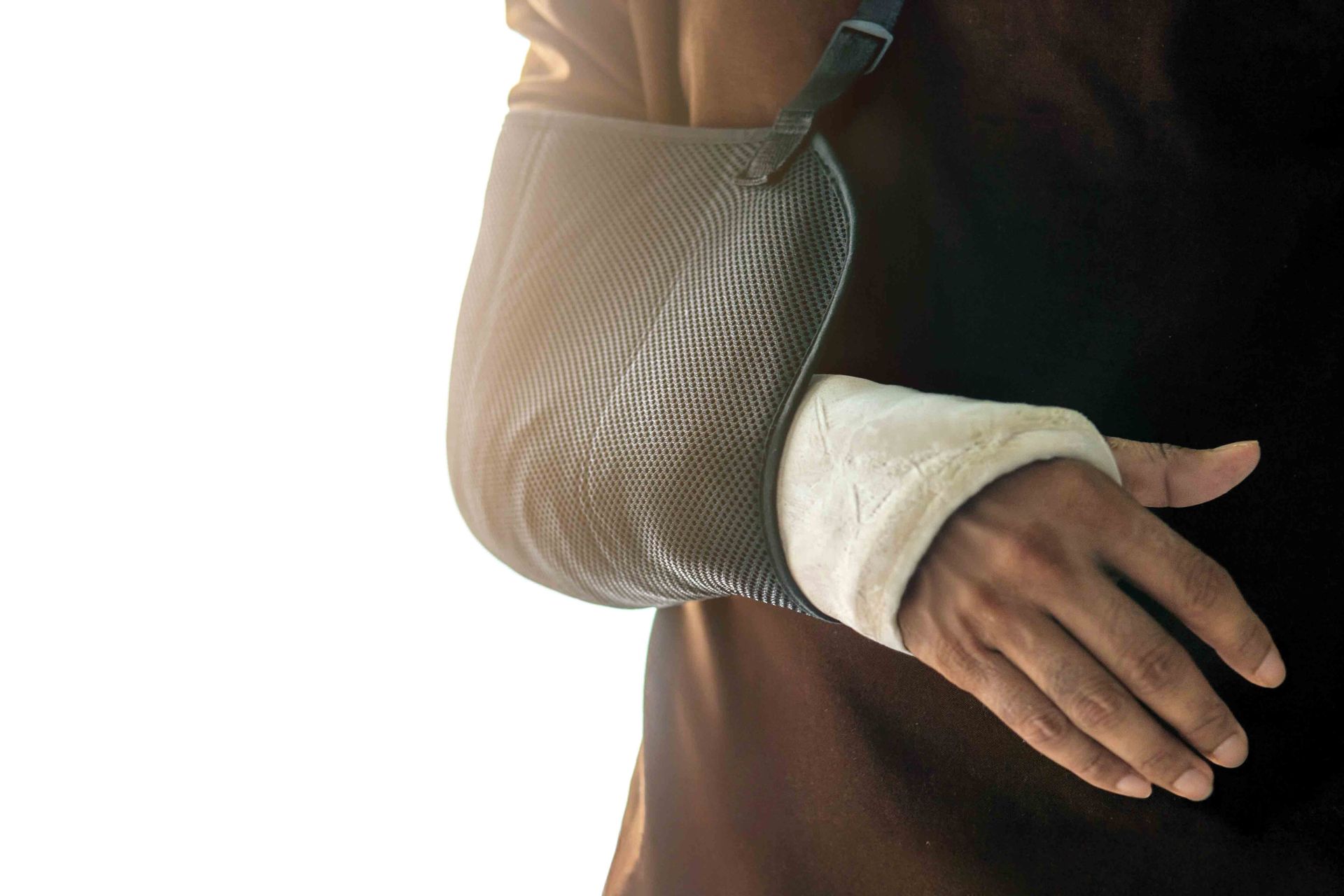 Arm in white sling and wrist brace against a dark shirt, close-up on a white background