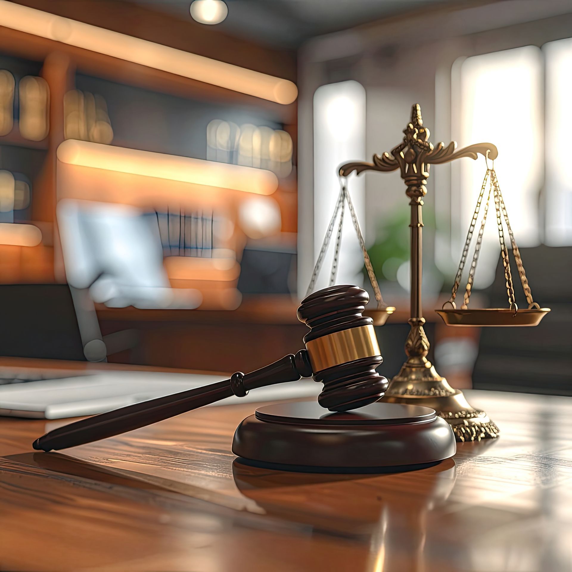Judge’s gavel beside scales of justice on a wooden desk in a law office
