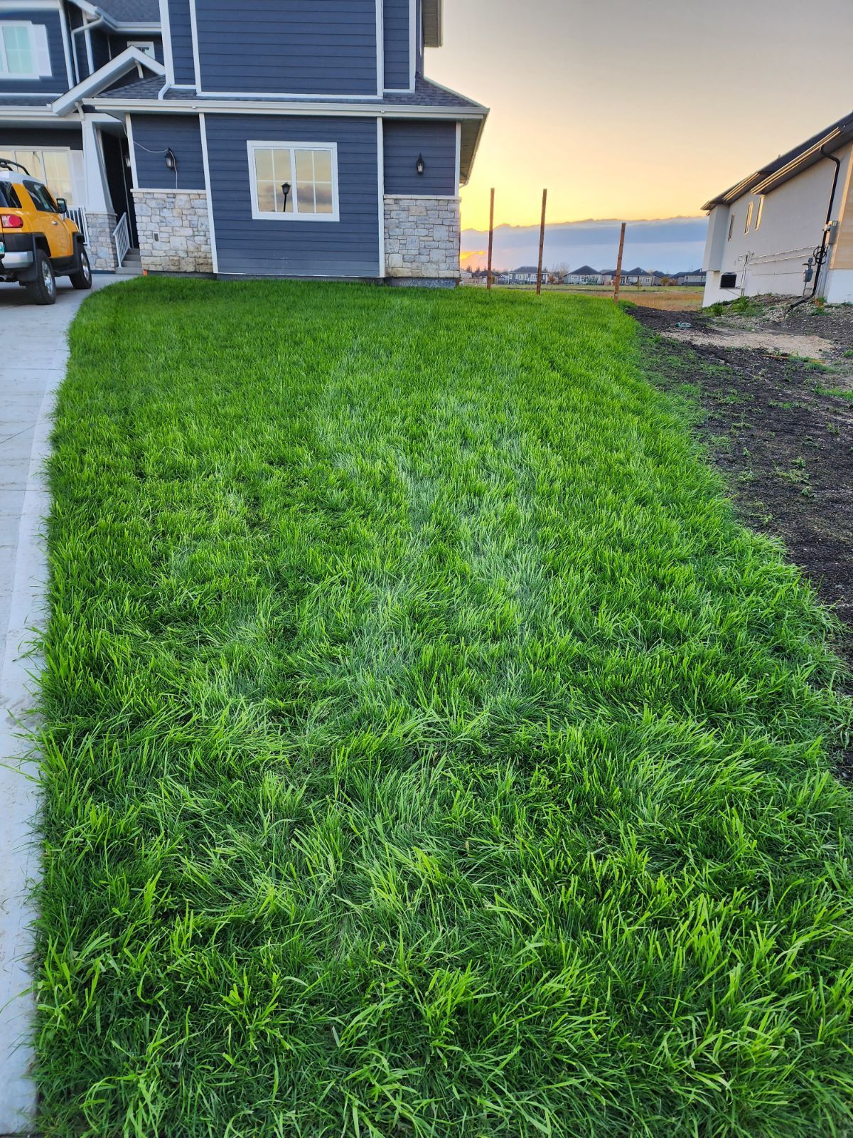 Green lawn in front of a blue house with stone accents and a car in the driveway. Sunset in the background.