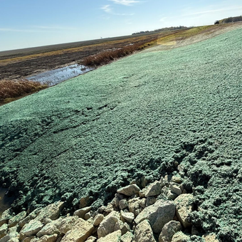 hydroseed covered slope with visible water channel and rocks below.
