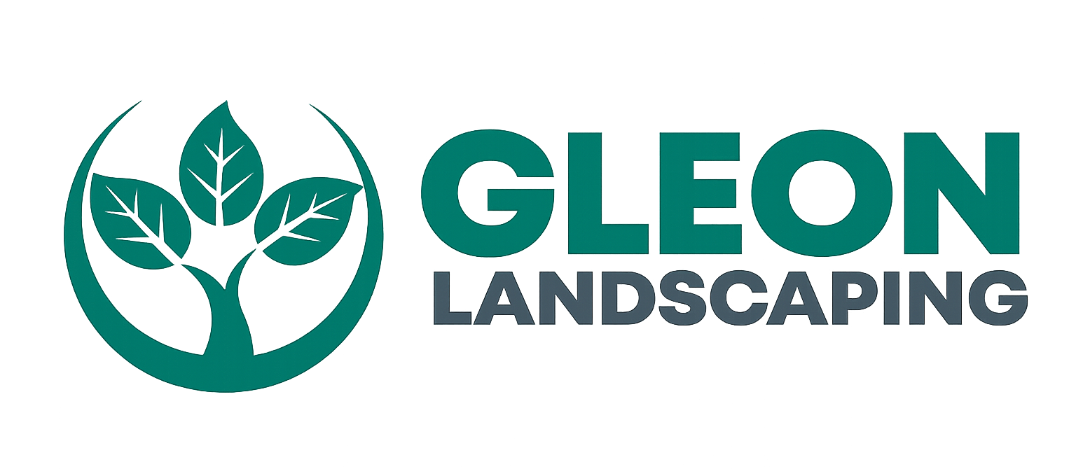 Gleon Landscaping logo with green circular leaf-and-tree icon and teal text on white background