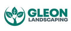 Gleon Landscaping logo with green circular leaf-and-tree icon and teal text on white background