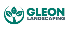 Gleon Landscaping logo with green circular leaf-and-tree icon and teal text on white background