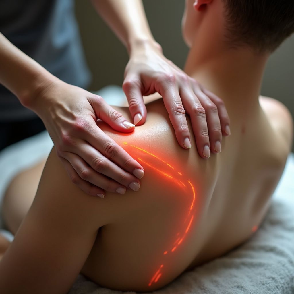 Person receiving shoulder massage, red pain lines highlight affected area.