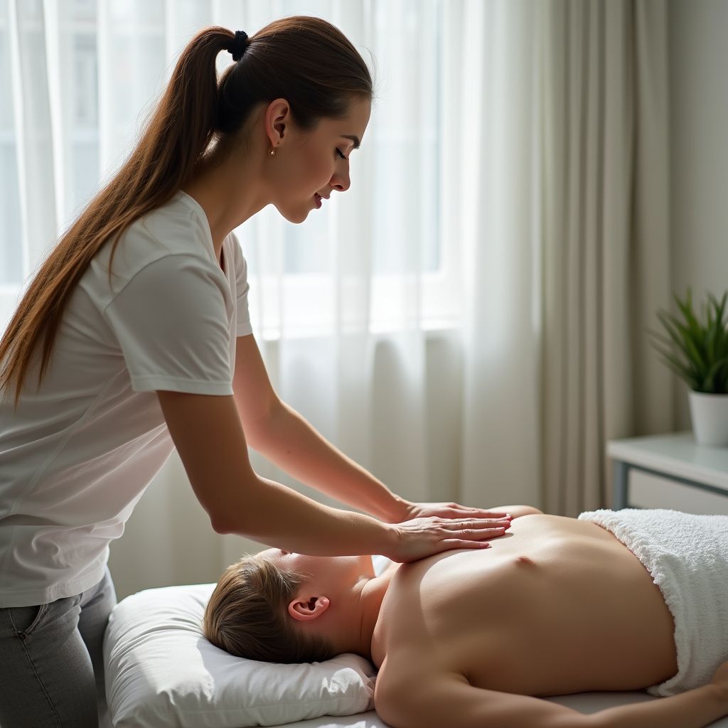 Woman giving chest massage to a person lying on a massage table. Well lit room.