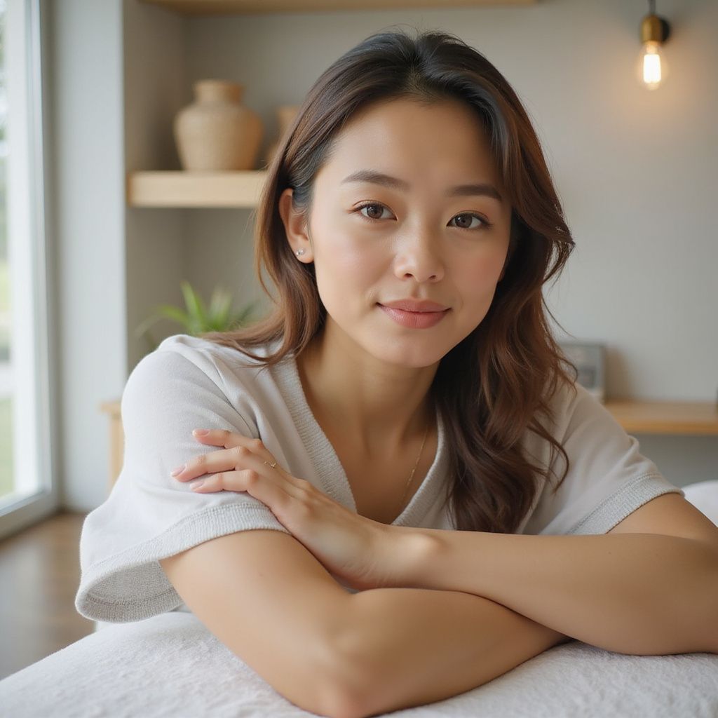 Woman with dark hair smiles, arms crossed, leaning on a white surface, natural light, neutral background.