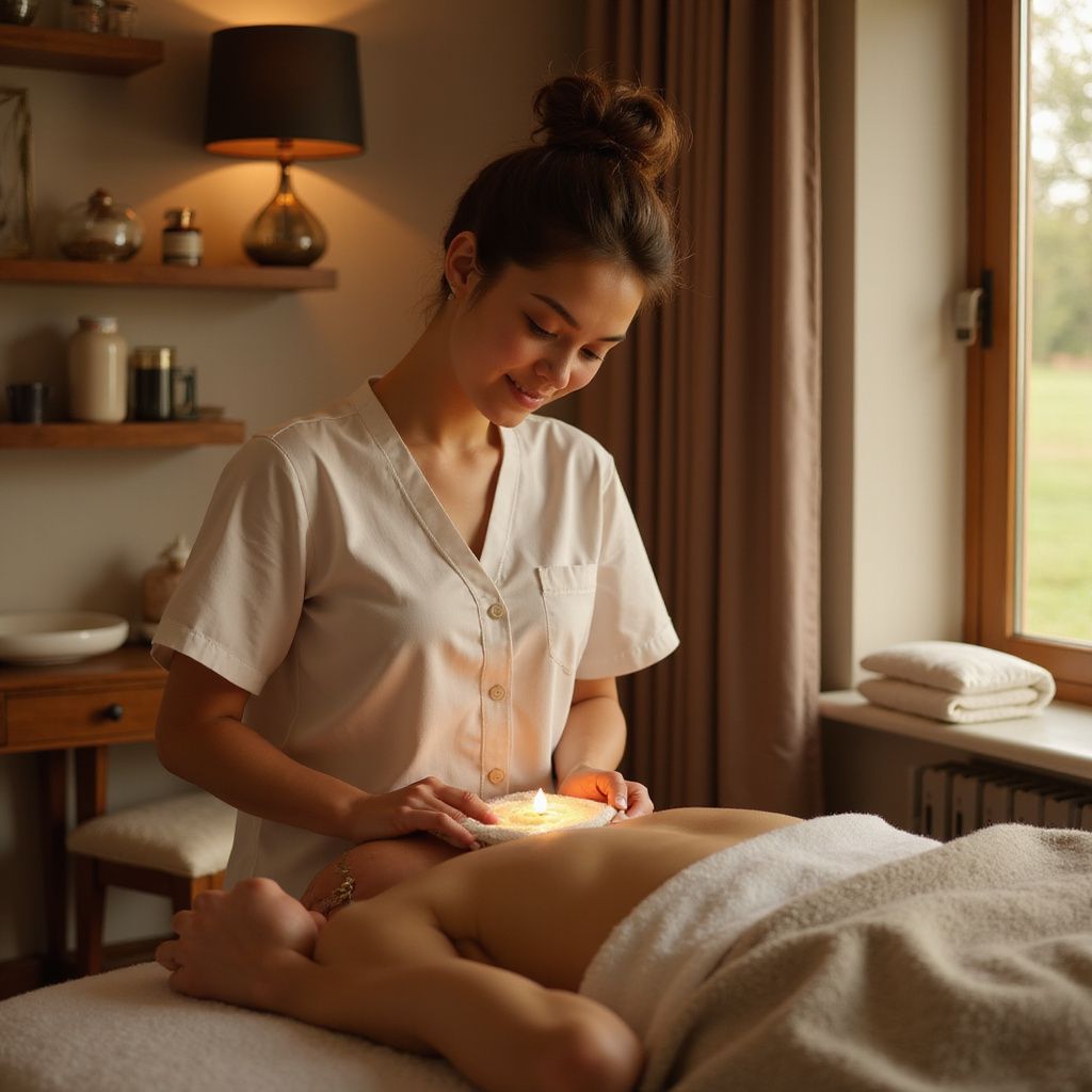 Woman performing a candle massage on a person lying on a massage table in a spa.