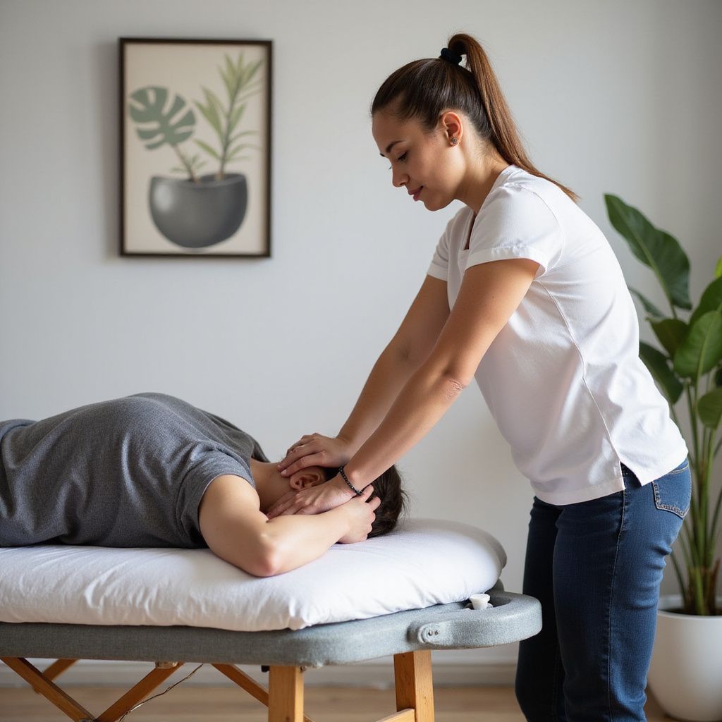 Woman giving head massage to a person lying on a massage table. Indoor setting with a plant.