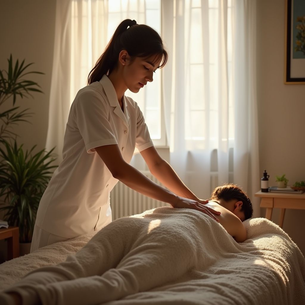 Woman giving a back massage to a person lying face down on a massage table. Light and airy room.