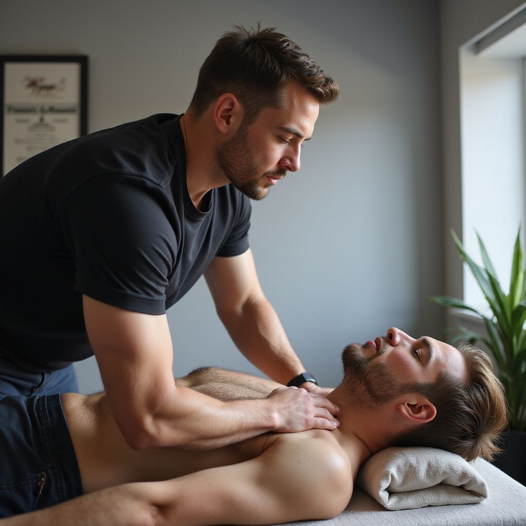 Man giving chest massage to a person lying on a table. Light room, green plant.