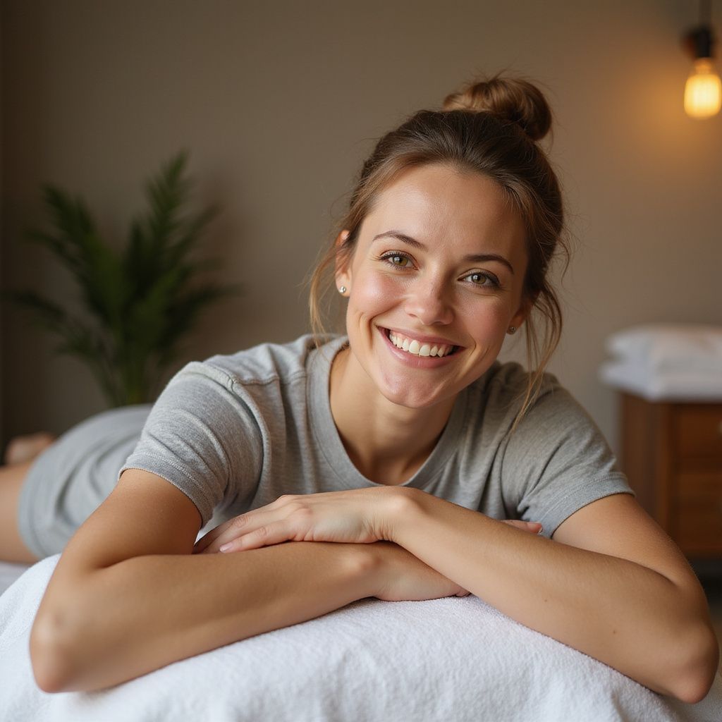Woman smiling and leaning on a massage table. She wears a gray shirt in a calming room.