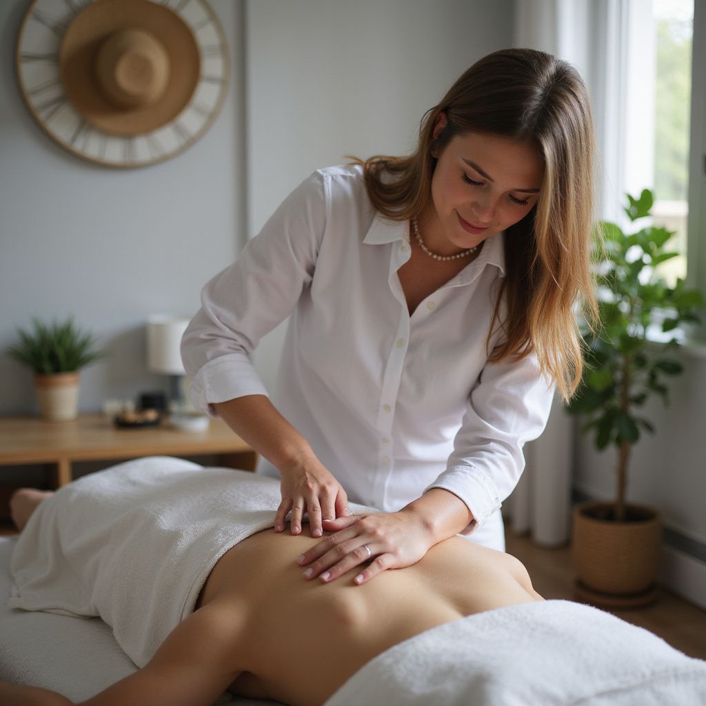 Woman giving back massage in a calming room, hands on client's back.