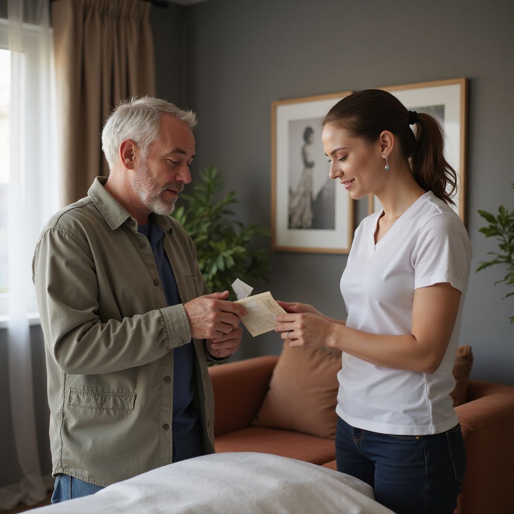 Man and woman looking at papers indoors. Man gestures with papers. Woman smiles. Brown couch and picture in background.