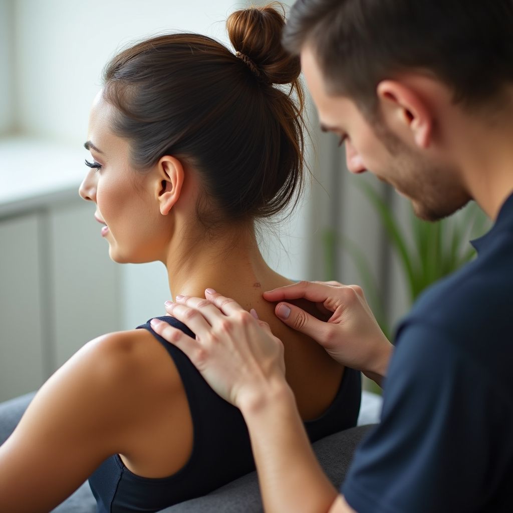 Woman receiving back examination from a medical professional, indoors.