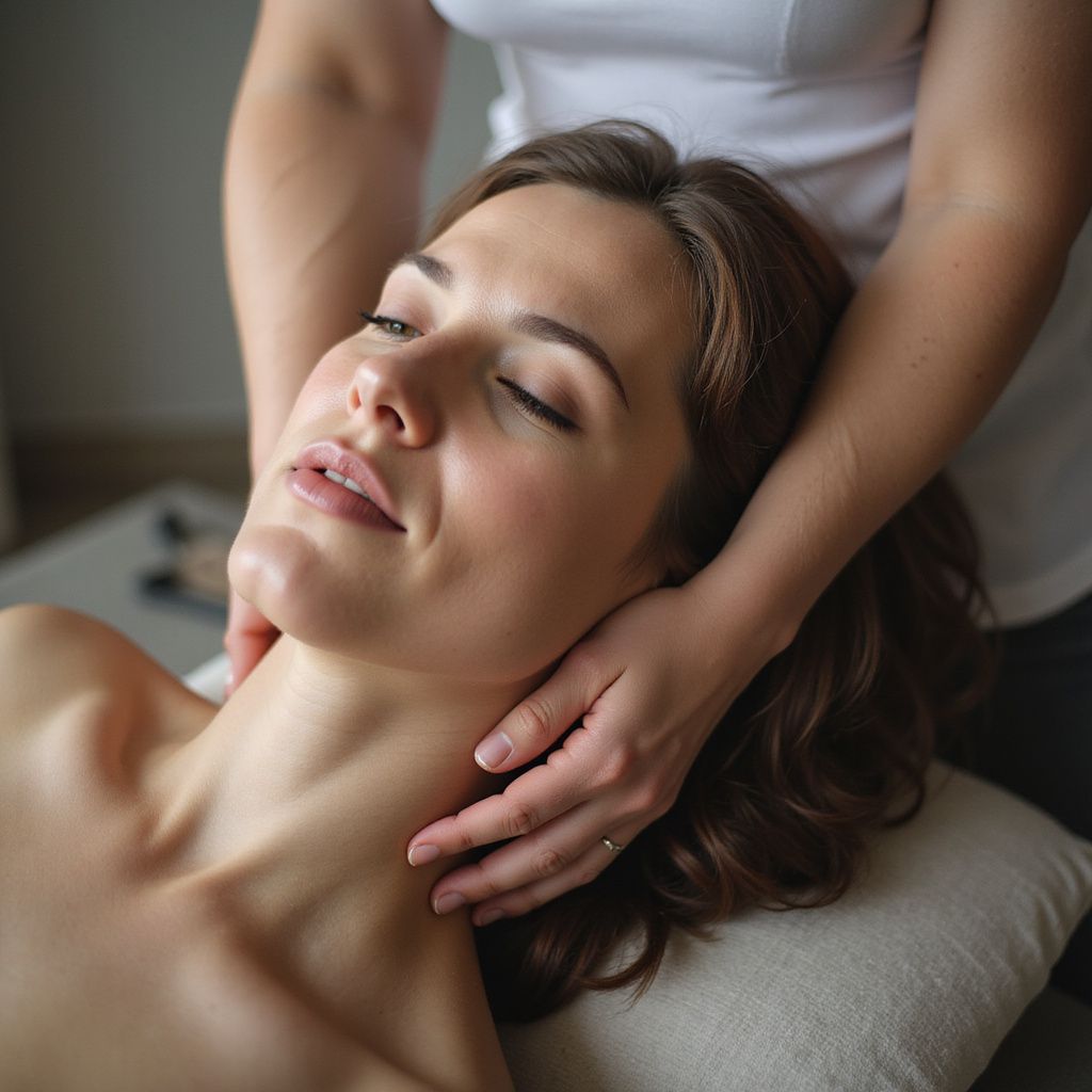 Woman receiving neck massage, eyes closed, hands on her neck in a well-lit room.