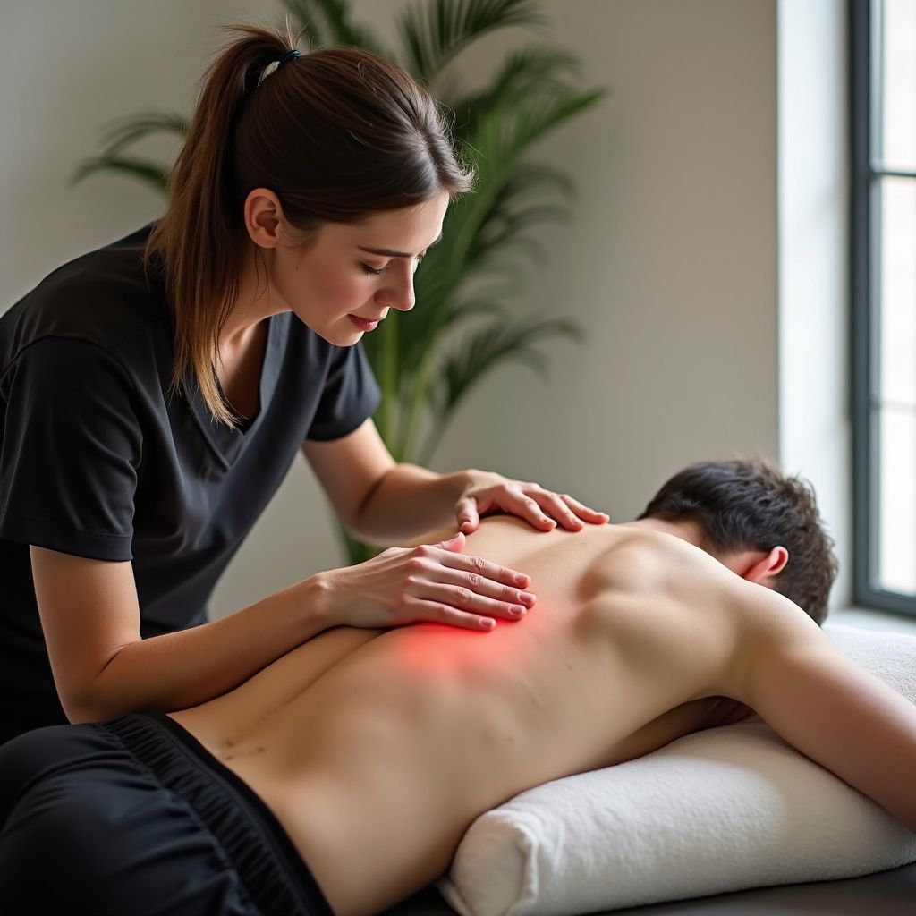 A massage therapist giving a back massage; red spot indicates pain.