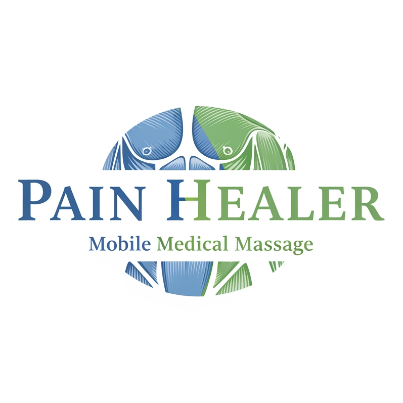 Logo for Pain Healer mobile medical massage: blue and green globe graphic with text below.