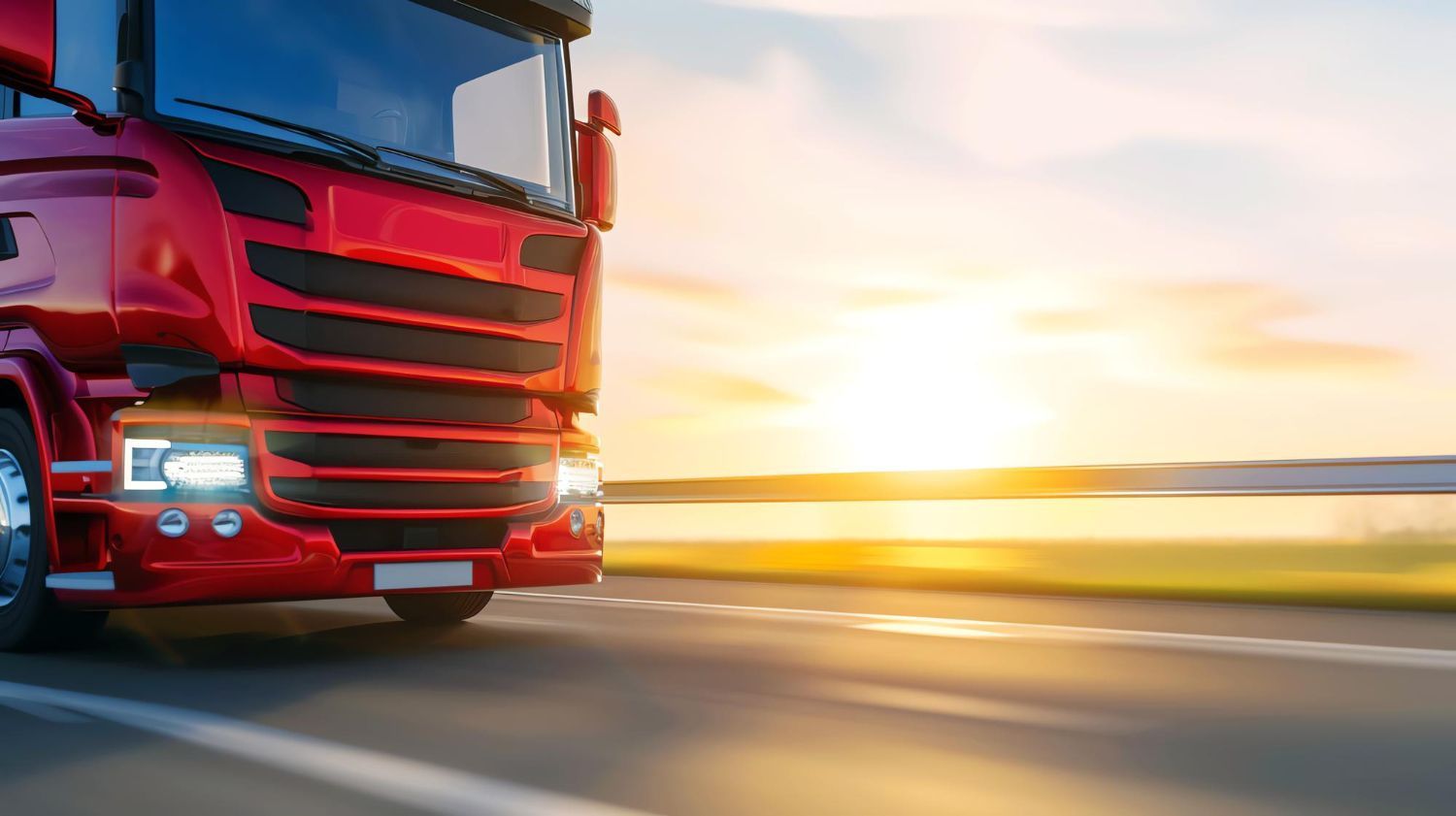 A red semi truck is driving down a highway at sunset.