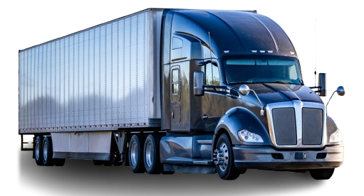 A black semi truck with a white trailer on a white background.