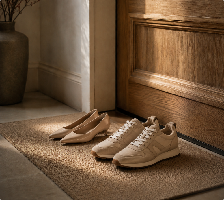 Beige heels and white sneakers on a doormat by a wooden door, in warm indoor light