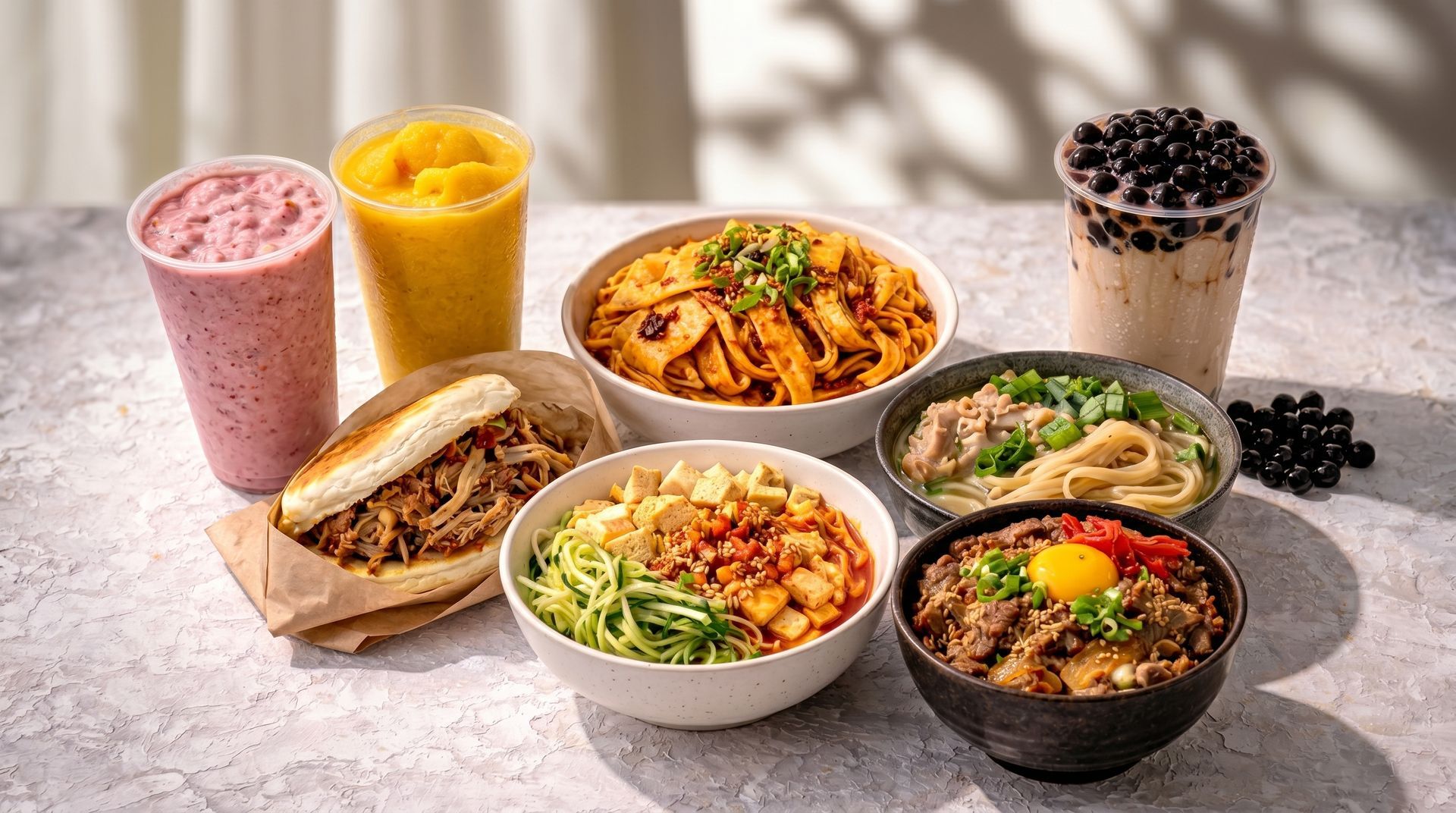 Assorted colorful smoothies and savory bowls, including wraps, noodles, salad, and dessert on a light table.