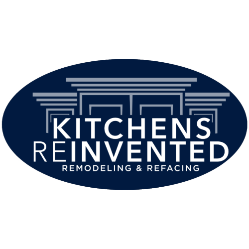 Logo for "Kitchens Reinvented" with architectural elements on a blue oval. Text reads "Kitchens Reinvented" and "Remodeling & Refacing."