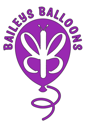 The logo for bailey 's balloons is a purple balloon with a butterfly on it.