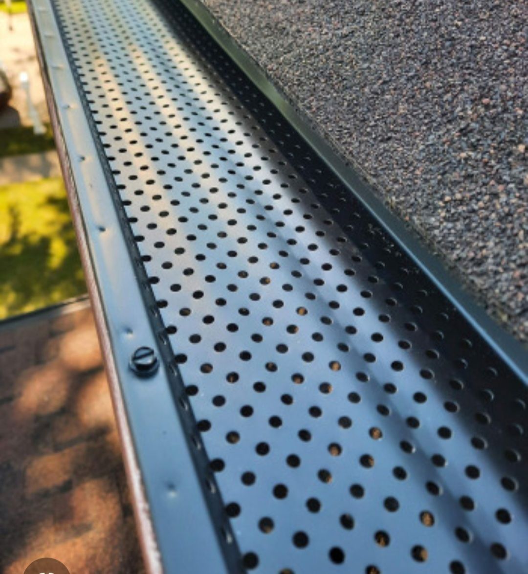 Black metal roof gutter with perforated guard beside gray shingles and sunlit ground below