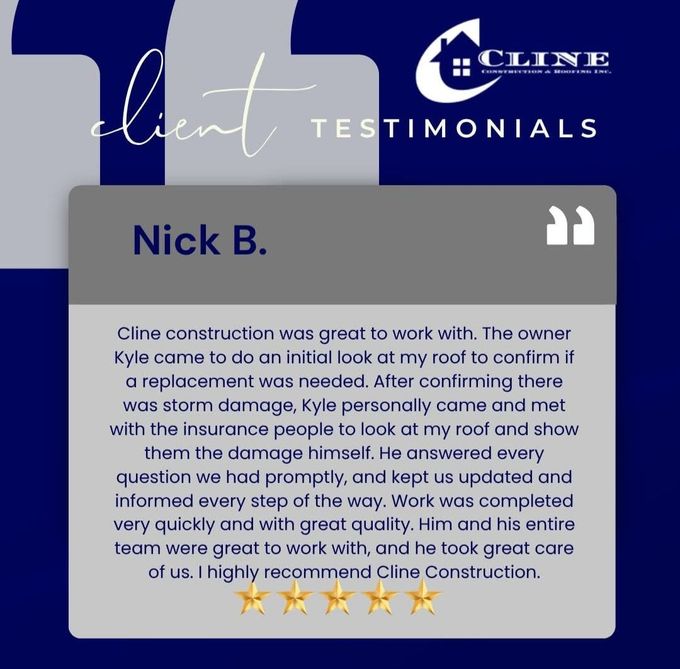 Nick B. testimonial card on a blue and gray Cline Construction client testimonials graphic