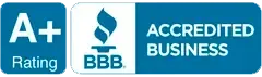 BBB Accredited Business badge with A+ rating in blue and white