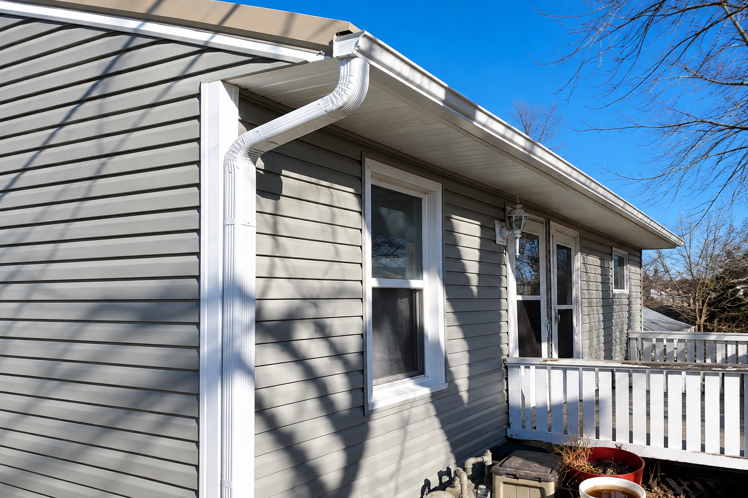 Exterior of a beige house with white trim, gutter downspout, and a small white porch railing under a blue sky