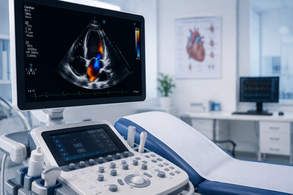 Apparecchio per la mammografia accanto a un monitor che visualizza un'ecografia mammaria in una stanza clinica.