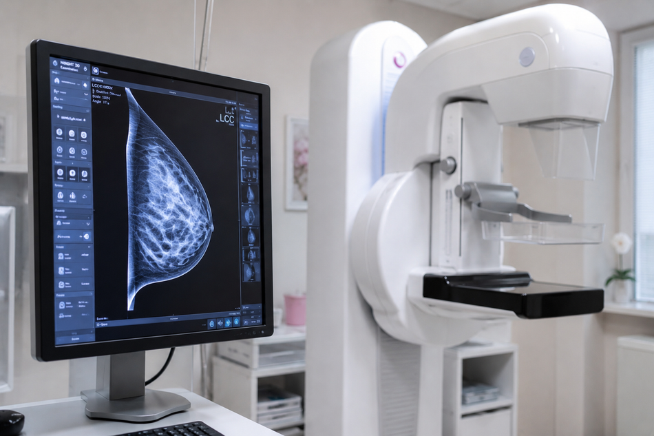 Apparecchio per la mammografia accanto a un monitor che visualizza un'ecografia mammaria in una stanza clinica.