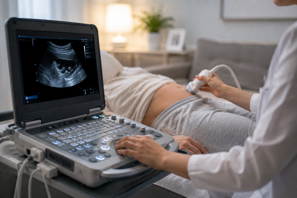 Ecografia in una clinica, con un tecnico che esegue l'ecografia su una paziente in gravidanza e l'immagine fetale visualizzata su un computer portatile.