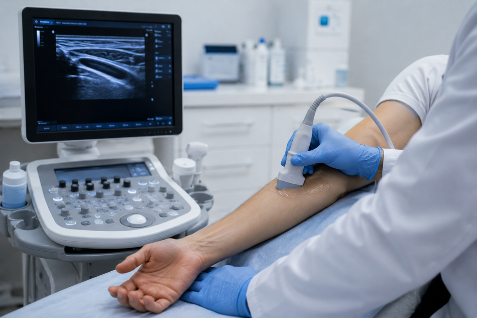 Ecografia del braccio di un paziente in una clinica, con un tecnico che utilizza una sonda e un monitor che visualizza la scansione.
