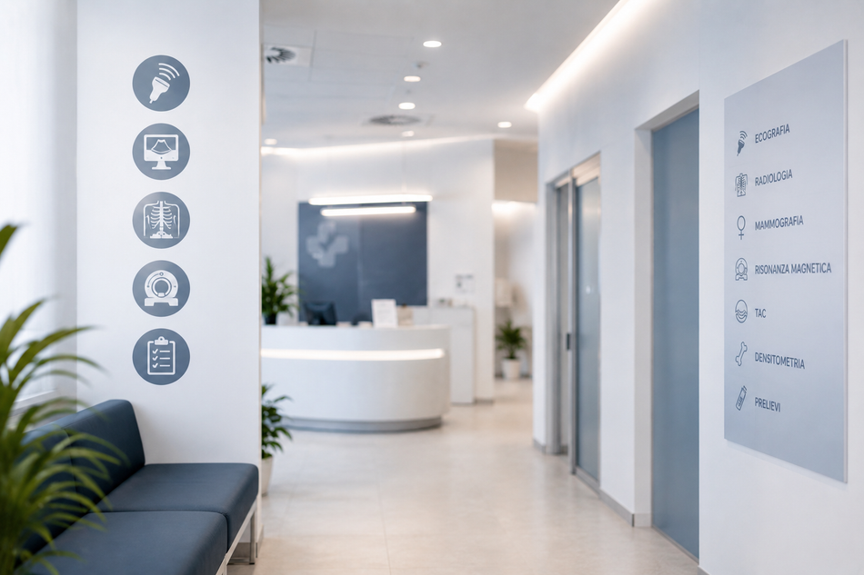 Luminoso e moderno corridoio di uno studio medico con pareti bianche, porte grigie, bancone della reception e cartelli a parete.
