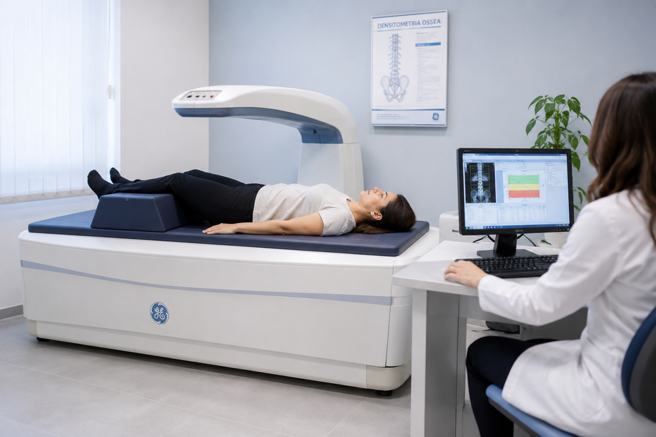 Il paziente è sdraiato sul lettino per la risonanza magnetica mentre il tecnico monitora i risultati su un computer in una stanza della clinica.