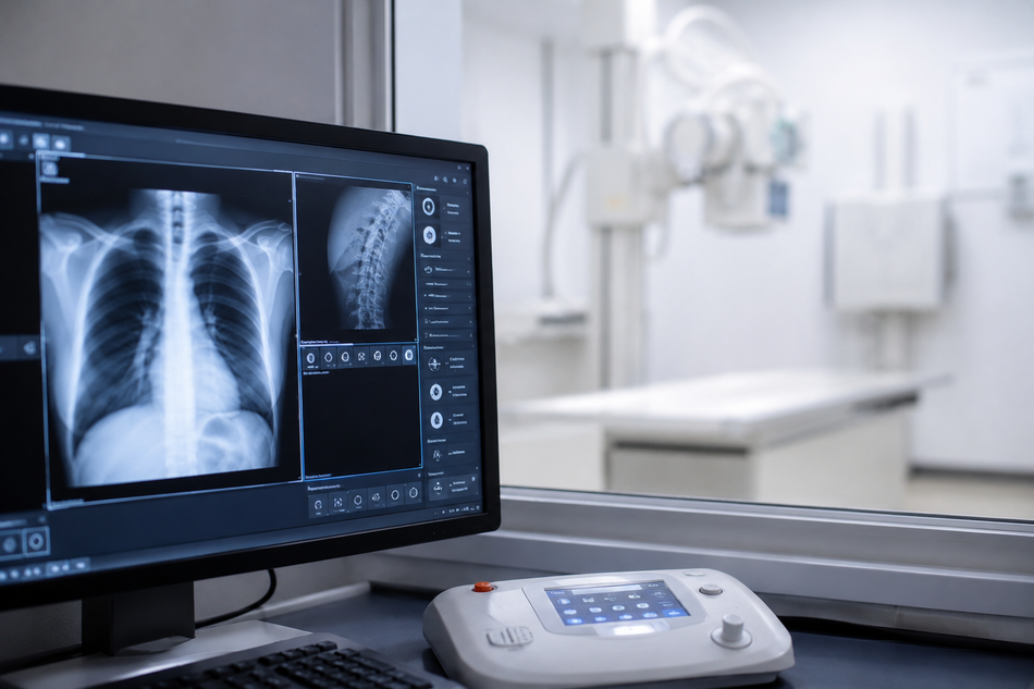 Monitor ospedaliero che visualizza radiografie del torace accanto ad apparecchiature mediche in una stanza clinica.