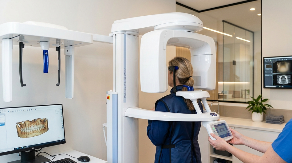 Monitor ospedaliero che visualizza radiografie del torace accanto ad apparecchiature mediche in una stanza clinica.