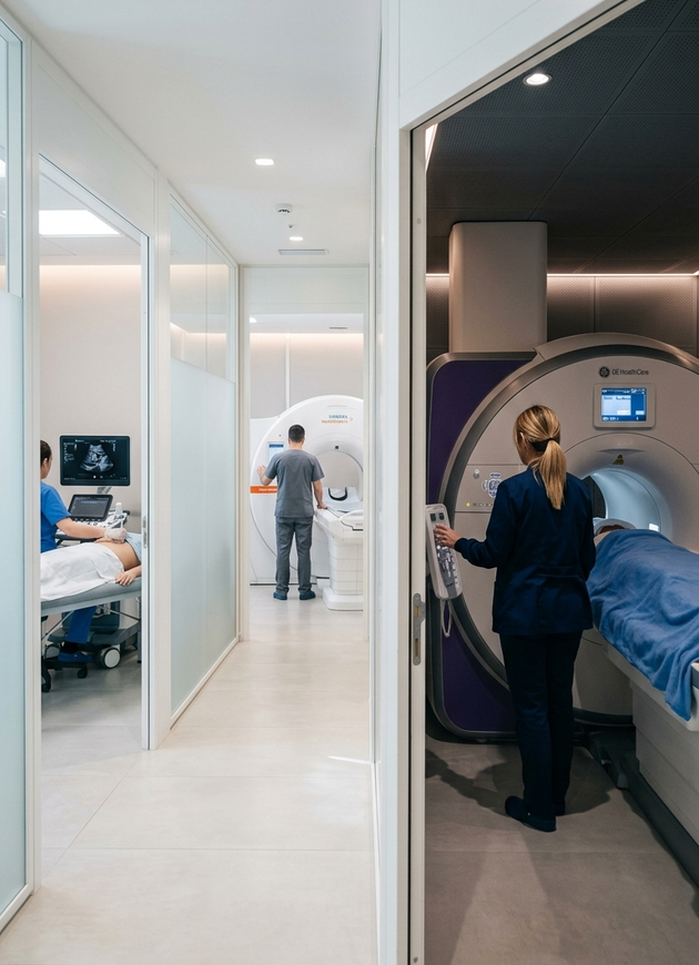 Corridoio dell'ospedale con stanza del paziente e scanner per risonanza magnetica, un medico in piedi accanto a un paziente coperto su un letto.